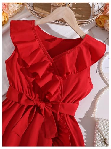 419tQ1Xc1SL.jpg Girl's Ruffle Trim Wrap V Neck Sleeveless Dress Party Belted A Line Dresses