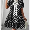 41A23NzIiQL.jpg Women's Plus Size Polka Dots Bow Tie Short Dress Puff Sleeve Ruffle A Line Dresses