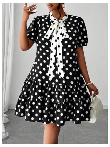 41A23NzIiQL.jpg Women's Plus Size Polka Dots Bow Tie Short Dress Puff Sleeve Ruffle A Line Dresses