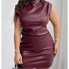 41AVtb7e7L.jpg Women's Plus Size PU Leather Sleeveless Mini Dress Ruched Mock Neck Bodycon Dresses