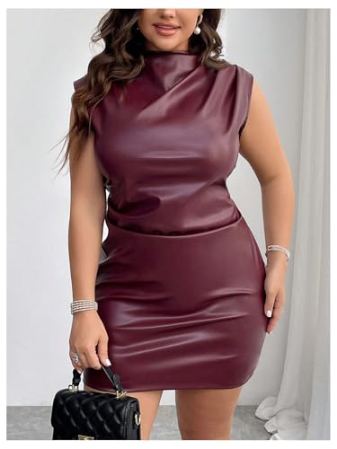 41AVtb7e7L.jpg Women's Plus Size PU Leather Sleeveless Mini Dress Ruched Mock Neck Bodycon Dresses