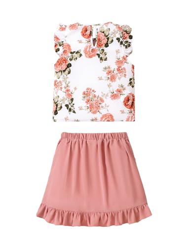 41Acj33kRFL.jpg Girl's 2 Piece Floral Print Tank & Skirt Set Ruffle Sleeve Tanks and Wrap Front Skirts Summer Outfits