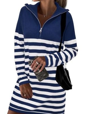 Women's Winter Sweater Dress 2024 Striped Long Sleeve Lapel Collar Chunky Knit Slouchy Oversized Sweaters