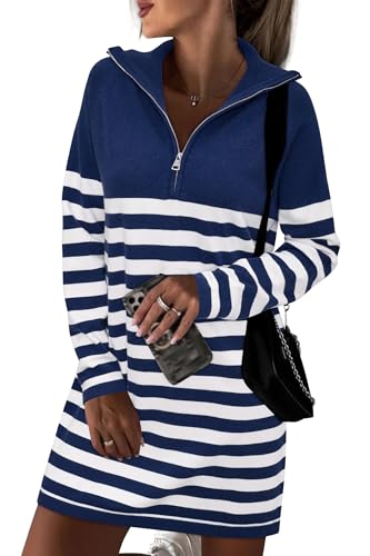 41Aq1IDWeKL.jpg Women's Winter Sweater Dress 2024 Striped Long Sleeve Lapel Collar Chunky Knit Slouchy Oversized Sweaters