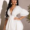 41BD5IoV-9L.jpg Women's Deep V Neck Puff Sleeve High Rise Flare Dress Elastic Waist Dress