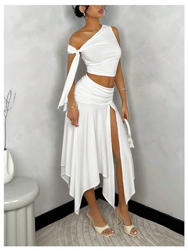 41BYBnfnOiL.jpg Women's 2 Piece Outfits Asymmetrical Neck Sleeveless Top and Split Thigh Ruffle Midi Skirt Set
