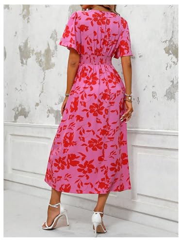 41BnfzvxYOL.jpg Women's Floral Print V Neck Ruffle Short Sleeve Dress Split A Line Long Dresses