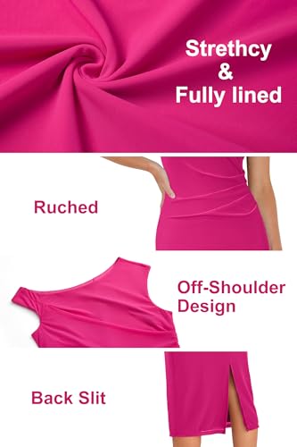 41BuuLRi-sL.jpg Women 2025 Summer Vacation Dress Sleeveless One Shoulder Mesh Stretchy Bodycon Ruched Slit Wedding Guest Midi Dress
