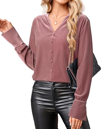 41CbCsZCLmL.jpg Women's Velvet Smocked Dressy Casual Fall Outfits Long Sleeve Button Down Shirts Business Work Tops Trendy
