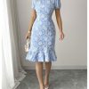 Women's Floral Fishtail Bodycon Dress Puff Sleeve Knee Length Cocktail Party Dresses