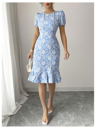 Women's Floral Fishtail Bodycon Dress Puff Sleeve Knee Length Cocktail Party Dresses