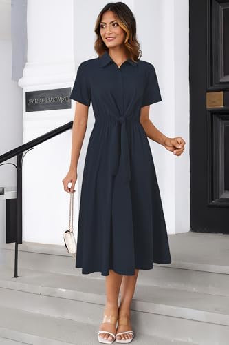 Womens Wear to Work Teacher Business Casual Outfits Long Dresses Tie Waist Shirt Dress Attire with Pockets