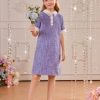 41CqvLCnadL.jpg Girl's Pearls Trim Tweed Contrast Collar Button Front Short Sleeve Casual Dress