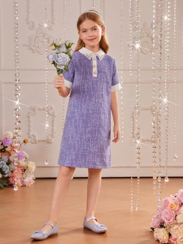 41CqvLCnadL.jpg Girl's Pearls Trim Tweed Contrast Collar Button Front Short Sleeve Casual Dress