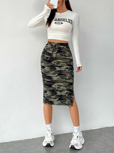 41D0ir3suvL.jpg Women's Camo Print High Waist Skinny Midi Skirts Split Side Drawstring Waist Hip Skirt