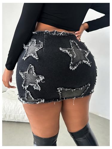 41DIqL4Ja0L.jpg Women's Plus Size Y2k Star Patch High Waist Denim Skirt Distressed Bodycon Mini Skirts