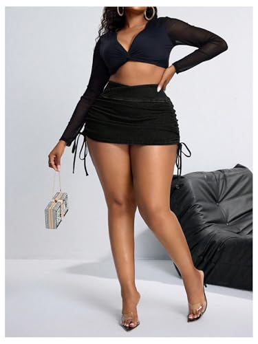 Women's Plus Size Drawstring Side Denim Mini Skirt High Waisted Ruched Bodycon Skirt