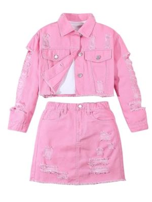 Girl's 2 Piece Outfits Ripped Button Down Jacket Elastic Waist Denim Skirt Set