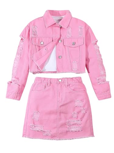 41E5ayqHtaL.jpg Girl's 2 Piece Outfits Ripped Button Down Jacket Elastic Waist Denim Skirt Set