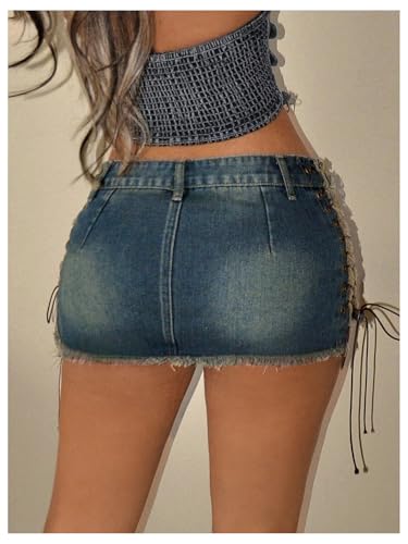 41E9ytlXKmL.jpg Women's Lace Up Side Bodycon Denim Mini Skirt Y2k Low Rise Frayed Hem Jean Skirts