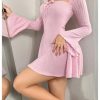 Women's Bell Long Mini Dress Bow Front Square Neck A Line Knit Dresses