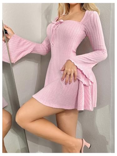Women's Bell Long Mini Dress Bow Front Square Neck A Line Knit Dresses