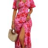 41Er00Z5V-L.jpg Women's Floral Print V Neck Ruffle Short Sleeve Dress Split A Line Long Dresses