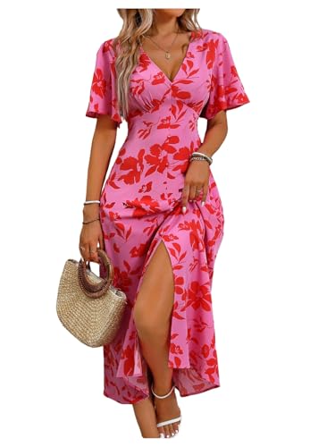41Er00Z5V-L.jpg Women's Floral Print V Neck Ruffle Short Sleeve Dress Split A Line Long Dresses