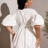 41EwfVc7fL.jpg Women's Deep V Neck Puff Sleeve High Rise Flare Dress Elastic Waist Dress