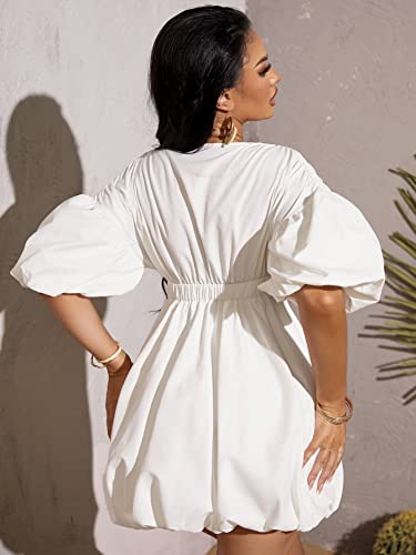 41EwfVc7fL.jpg Women's Deep V Neck Puff Sleeve High Rise Flare Dress Elastic Waist Dress