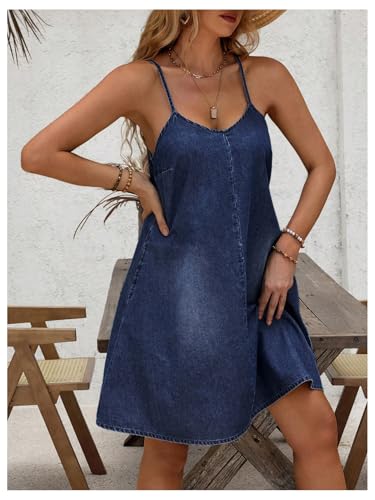 Women's Sleeveless Denim Cami Dress Scoop Neck Mini Dresses with Slant Pockets