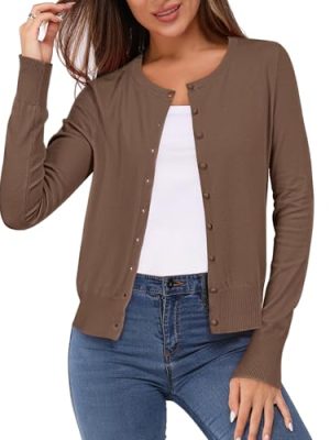 Women's Lightweight Button Down Cardigan Long Sleeve Casual Crew Neck Soft Knit Cardigans Sweater Tops