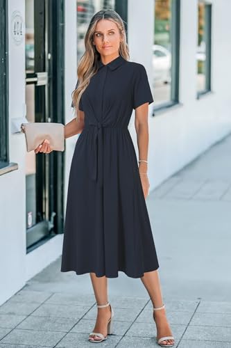 Womens Wear to Work Teacher Business Casual Outfits Long Dresses Tie Waist Shirt Dress Attire with Pockets