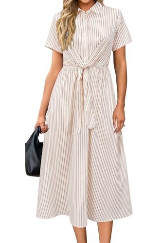 Womens Wear to Work Teacher Business Casual Outfits Long Dresses Tie Waist Shirt Dress Attire with Pockets