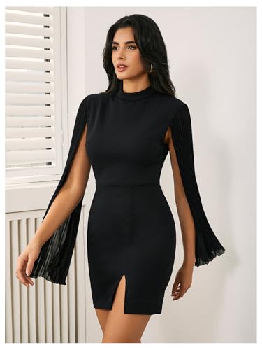 Women's Mock Neck Pleated Cloak Long Sleeve Split Hem Cocktail Bodycon Cape Dress