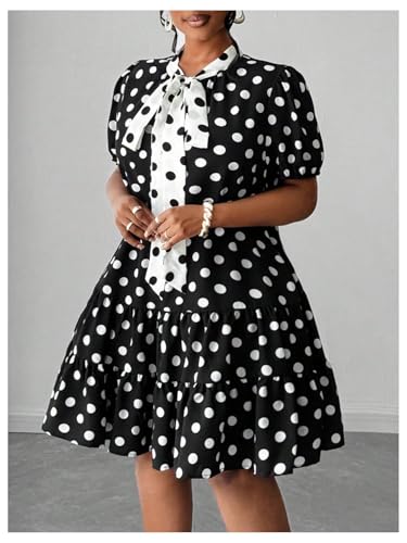 41GV5C8LbiL.jpg Women's Plus Size Polka Dots Bow Tie Short Dress Puff Sleeve Ruffle A Line Dresses