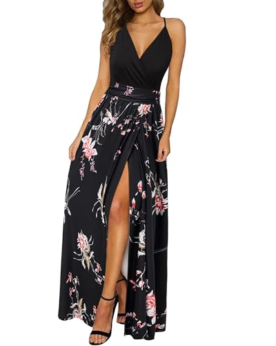 Women Summer 2025 Maxi Dress Vacation Floral Spaghetti Strap Spring Casual Boho Split Beach Long Flowy Sundress