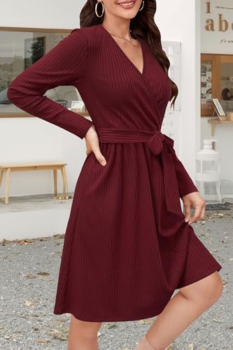 Womens 2025 Fall Dresses Teacher Church Business Casual Work Outfits Knit Midi Sweater Pockets Belt Dress