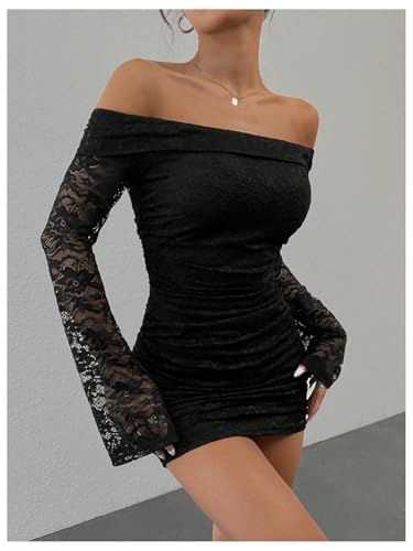 Women's Lace Off Shoulder Bodycon Mini Dress Ruched Long Bell Sleeve Dresses