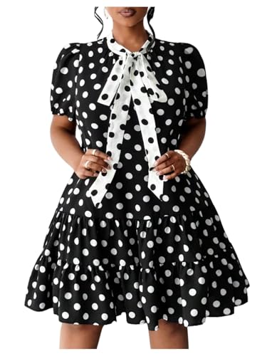 41H4Oso-4LL.jpg Women's Plus Size Polka Dots Bow Tie Short Dress Puff Sleeve Ruffle A Line Dresses