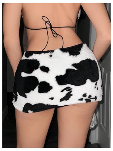 Women's Cow Print Fuzzy Bodycon Mini Skirt Sexy Low Rise Skirts