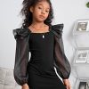 41ICj4j6ZUL.jpg Girl's Mesh Ruffle Trim Layered Tie Back Lantern Sleeve Pencil Mini Dress