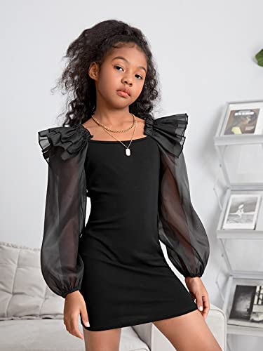 41ICj4j6ZUL.jpg Girl's Mesh Ruffle Trim Layered Tie Back Lantern Sleeve Pencil Mini Dress