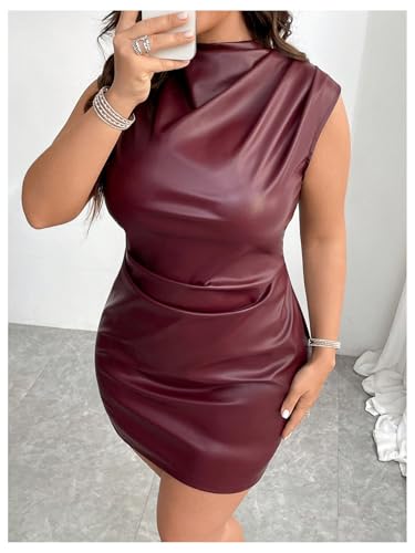 41IMYC-K6UL.jpg Women's Plus Size PU Leather Sleeveless Mini Dress Ruched Mock Neck Bodycon Dresses