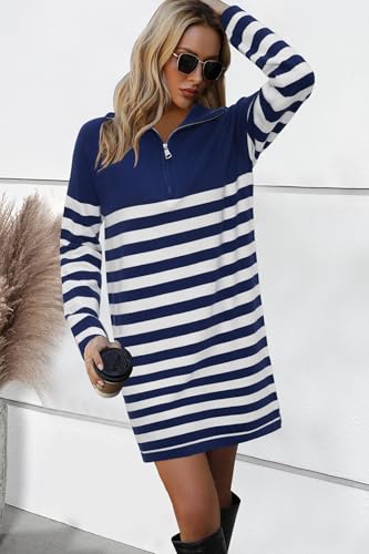 41J3br3YL.jpg Women's Winter Sweater Dress 2024 Striped Long Sleeve Lapel Collar Chunky Knit Slouchy Oversized Sweaters