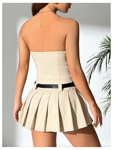 Women's Petite Strapless Belted Tube Dress Sleeveless Pleated A Line Mini Dresses