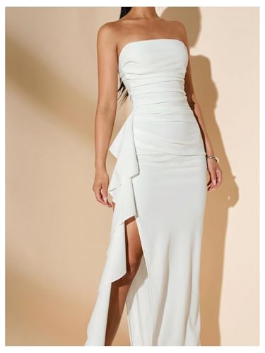 Women's Ruffle High Split Strapless Bodycon Dress Cocktail Wedding Party Maxi Dresses