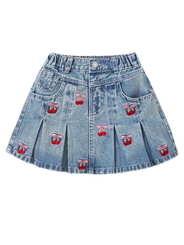 Toddler Girl's Cute Cherry Embroidery Pleated Denim Skirt Elastic Waist Short Jean Skirts