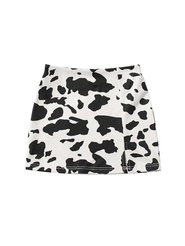 Girl's Cow Print Summer Split Hem High Waist Zipper Casual Short Skirt
