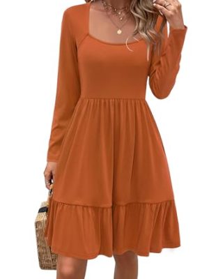 Long Sleeve Casual Womens Fall Dresses Modest Church Teacher Work Babydoll Boho Sundress 2025 with Pockets